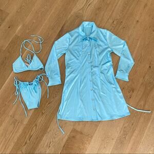 Alpine Butterfly Swim Alyssa Bikini and Cher Cover Up Shirt in Baby Blue Satin